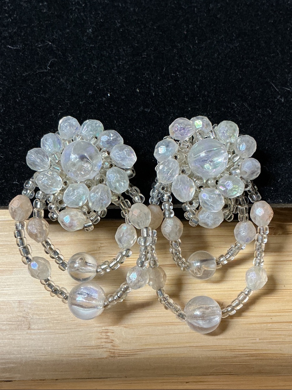 Vintage beaded floral cascade clip earrings